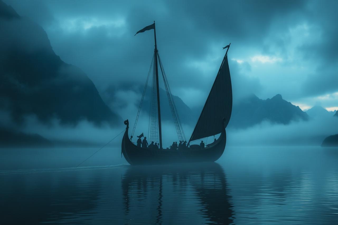 Viking longship in misty fjord