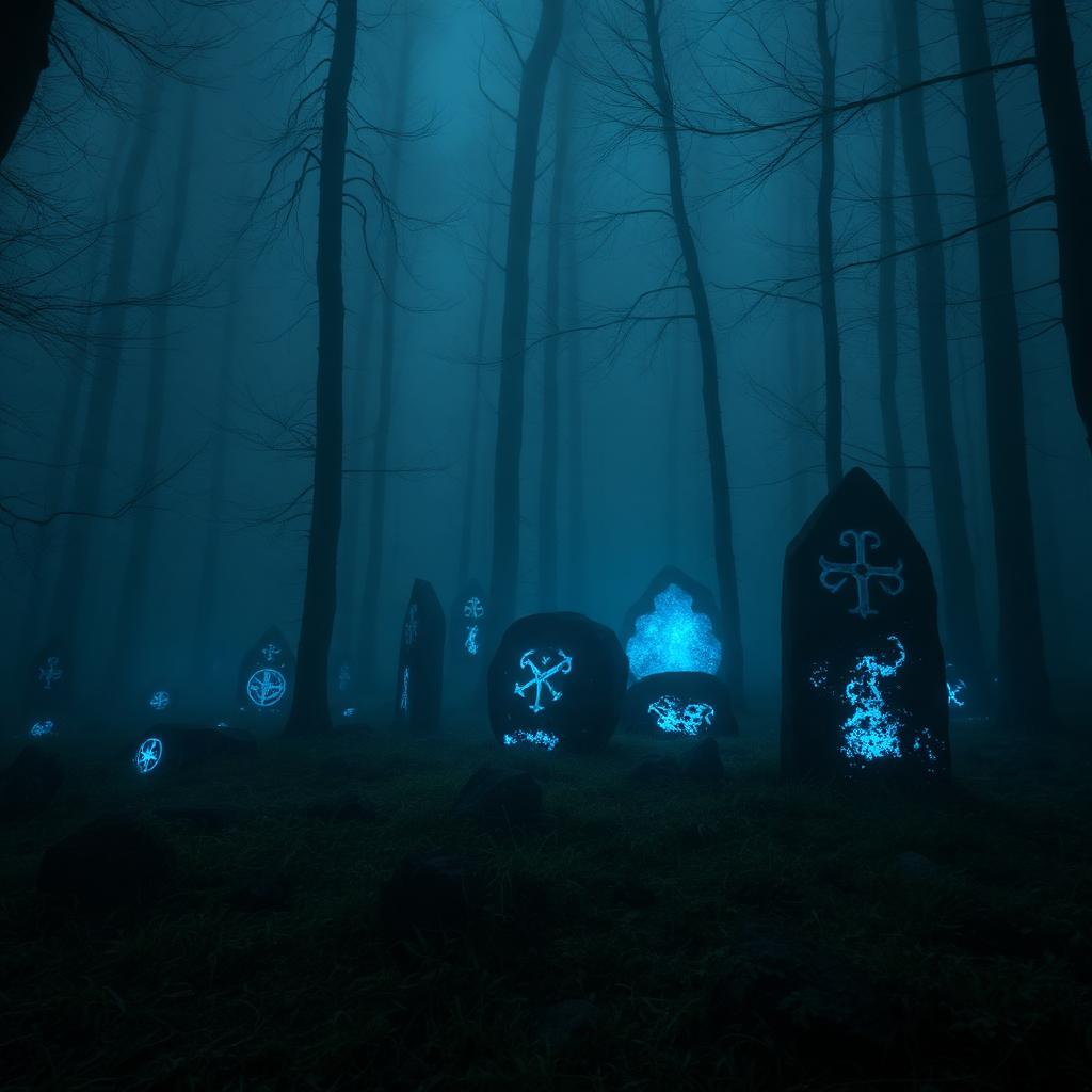 Glowing nordic runestones in mist