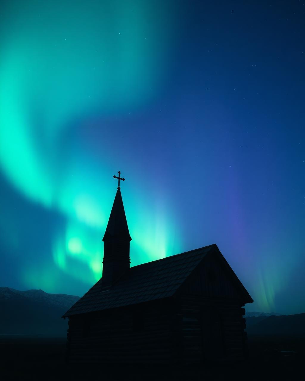 Stave church beneath aurora