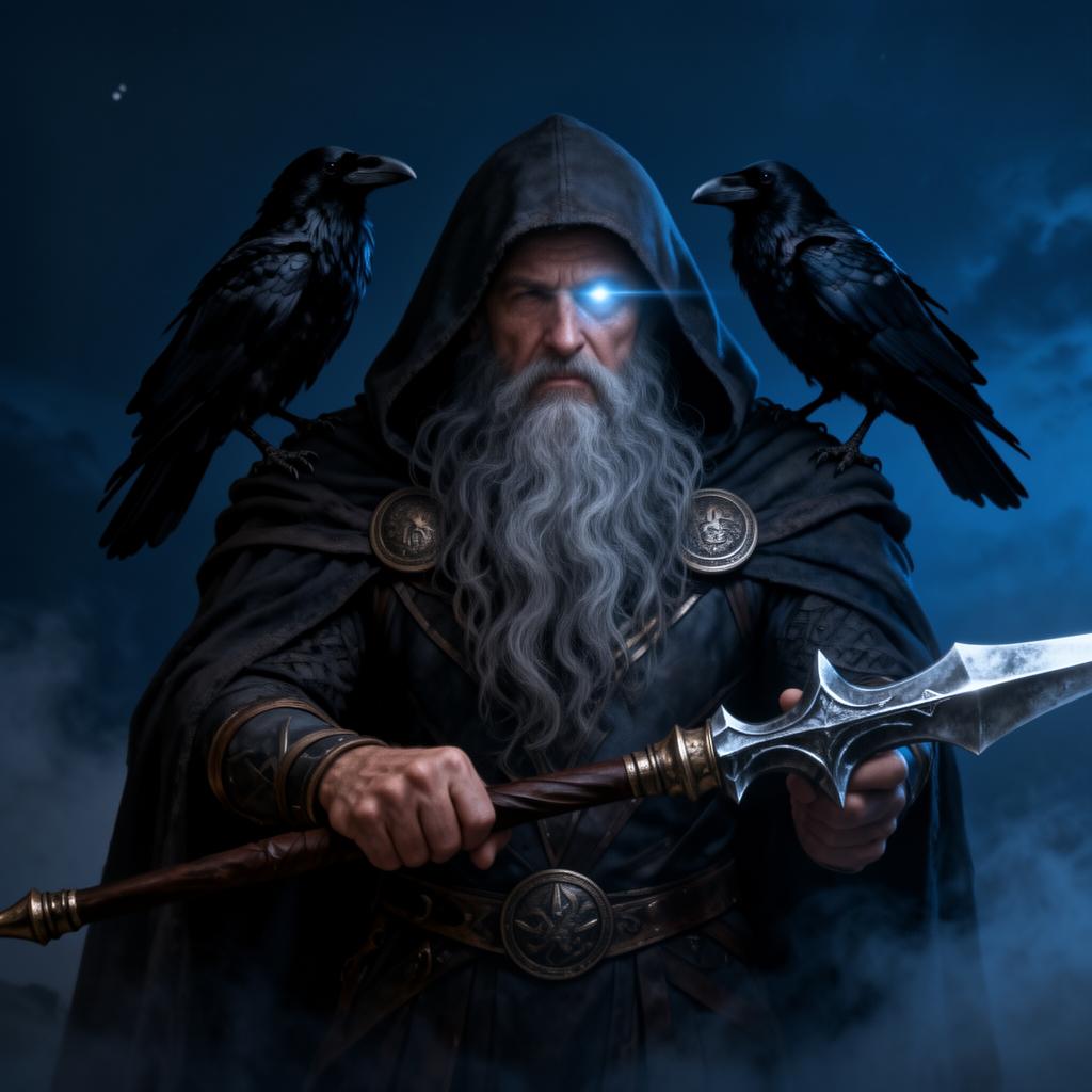 Odin the Allfather with Huginn and Muninn